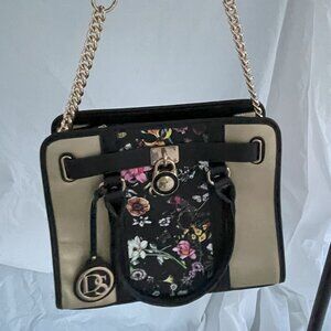 Ladies Tan and Floral Shoulder Handbag by Dasein with chain and leather strap
